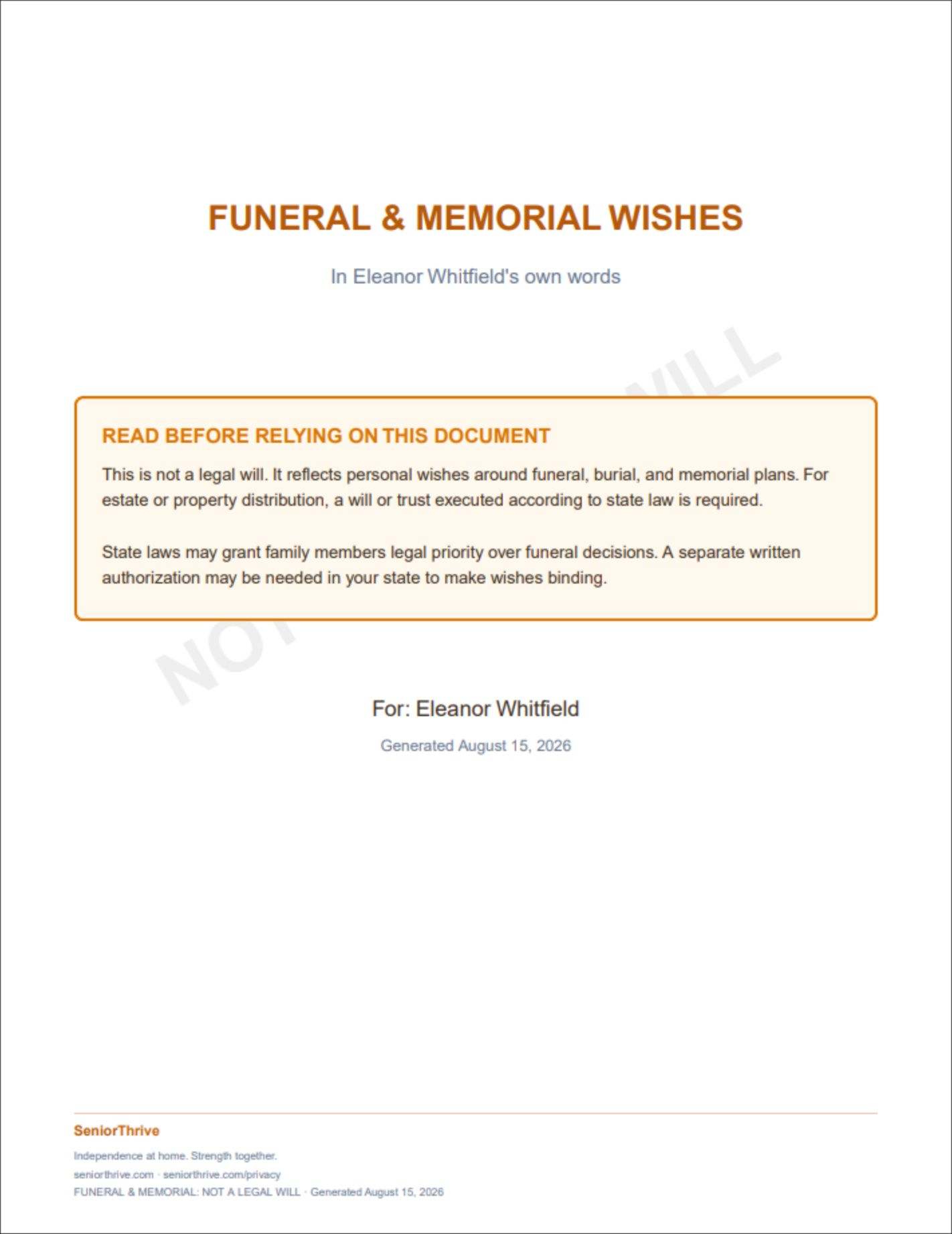 A page of the Funeral and Memorial Wishes sample