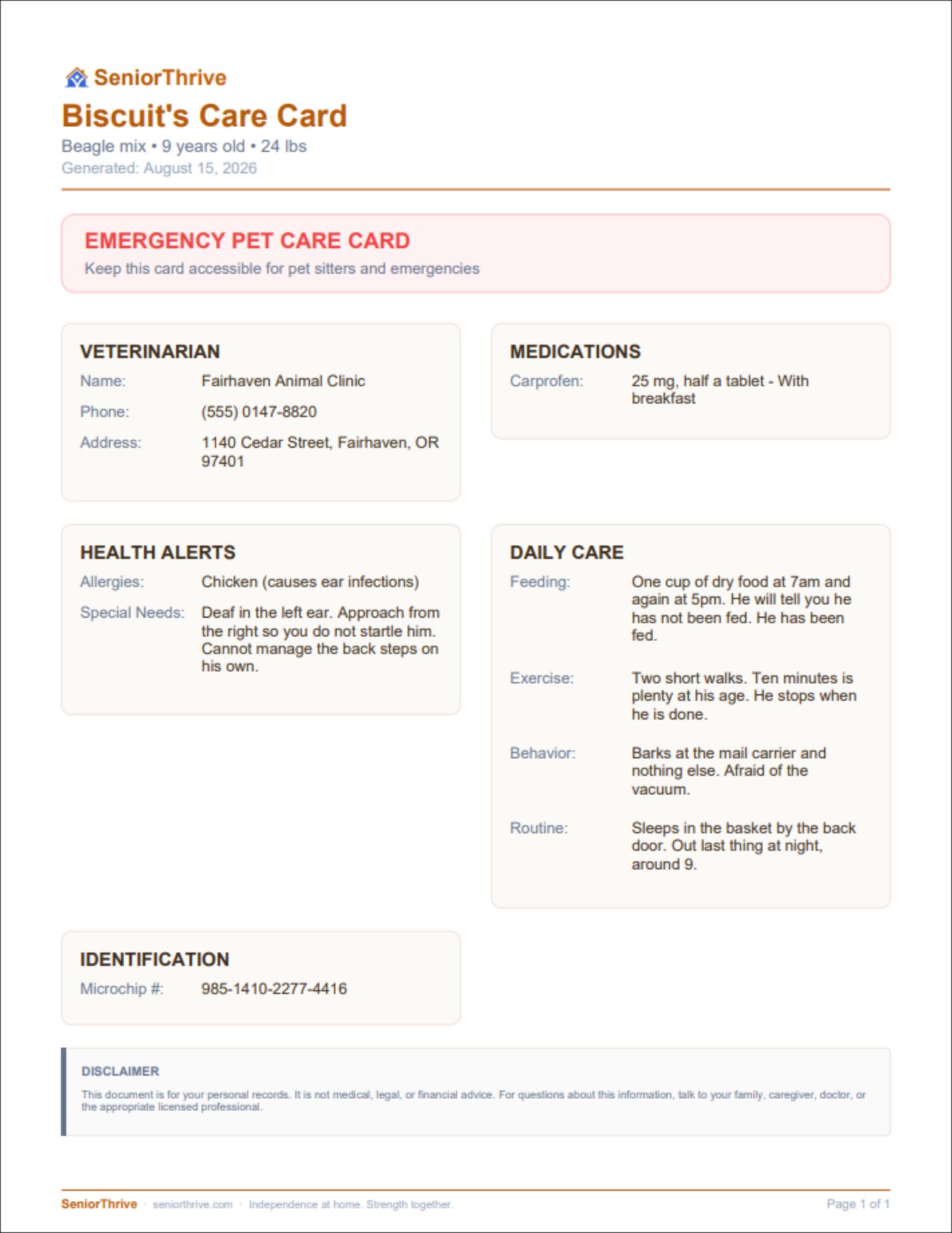 A page of the Pet Care Card sample