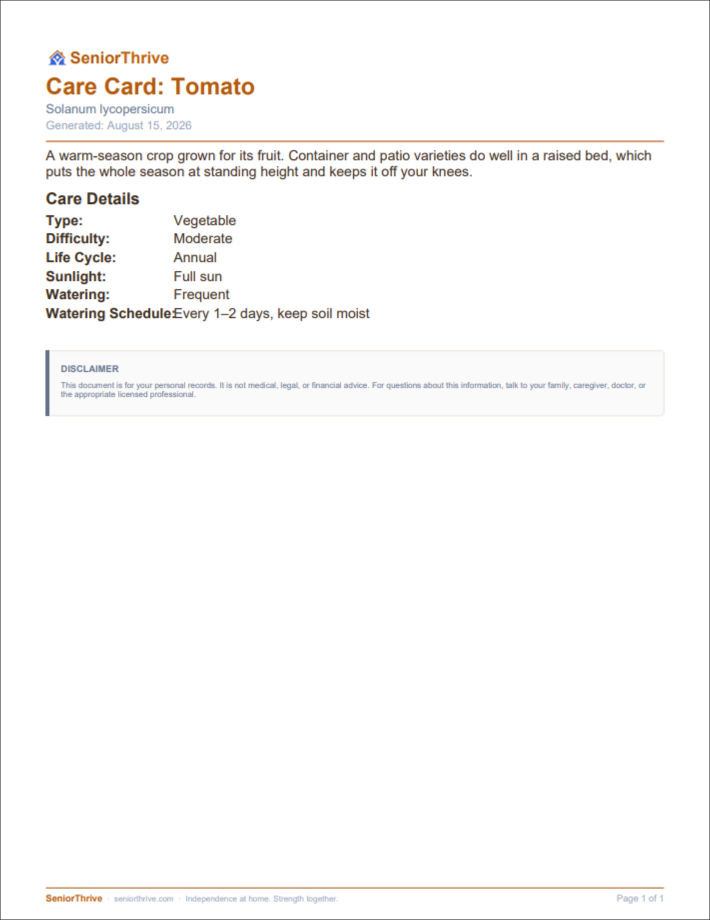 A page of the Garden Care Card sample