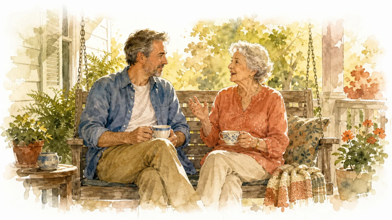 A son and his mother talk on a porch swing over cups of tea, turned toward each other