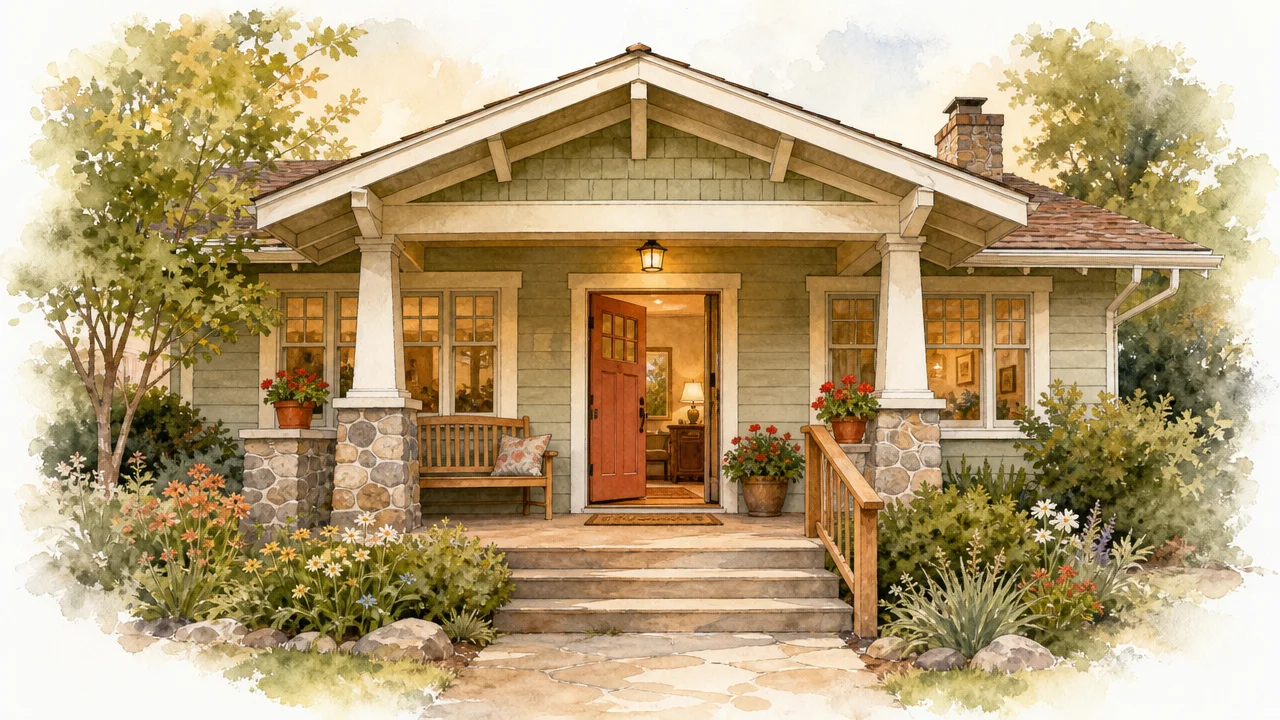 A welcoming craftsman home with the front door open, the porch light on and a sturdy handrail on the front steps