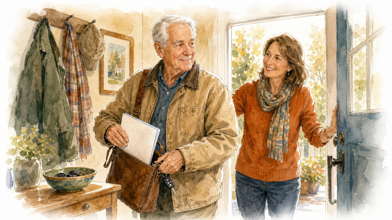 An older man tucks a folder of printed pages into his shoulder bag on the way out the door while his daughter holds it open