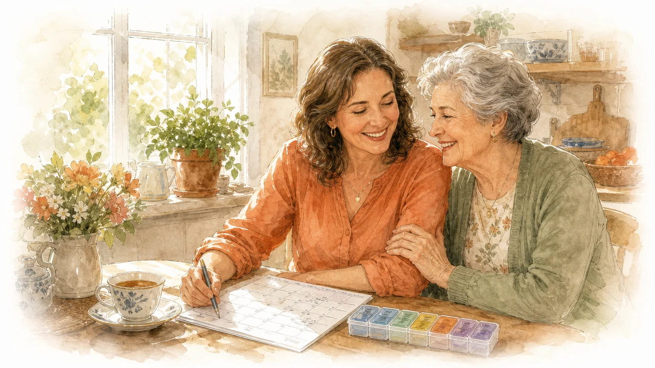 A daughter and her mother at the kitchen table, sharing a laugh over a calendar and a weekly pill organizer